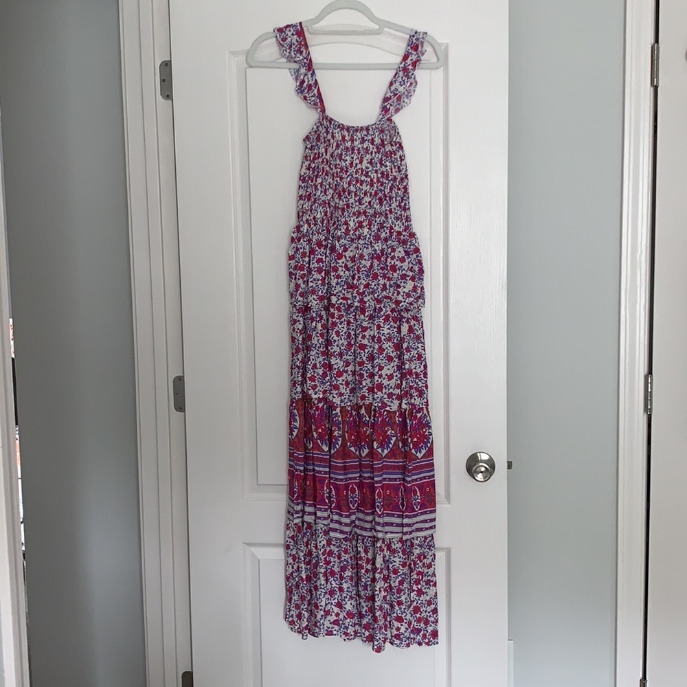 Floral Ruffled Strap Maxi Dress in Pink and White